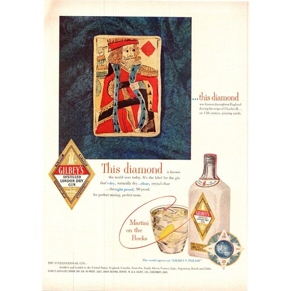1952 Gilbey's London Dry Gin Vintage Print Ad King of Diamonds Card 50s Wall Art - Picture 1 of 2